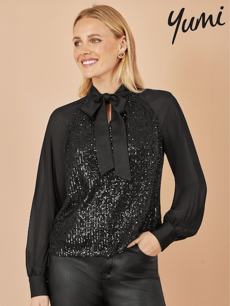 Yumi Black Sequin Pussy Bow Top (G55884) | AED291