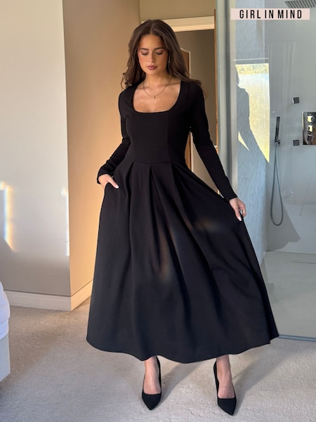 Girl In Mind Black Evie Square Neck Long Sleeve Midi Dress (G55934) | €66