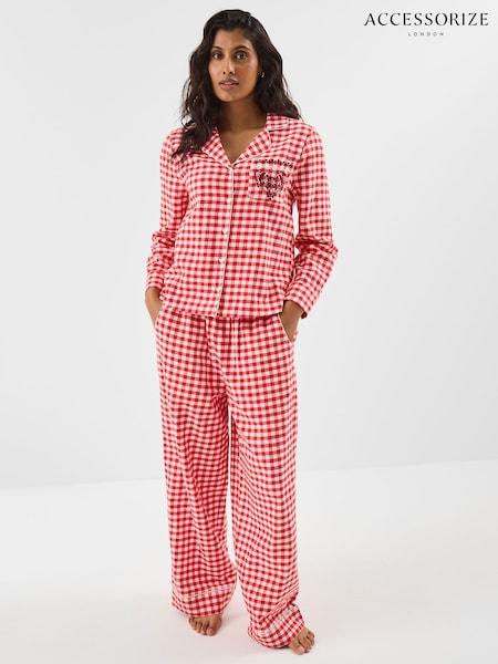 Accessorize Red Embroidered Gingham Long Pyjamas Set (G56122) | €64