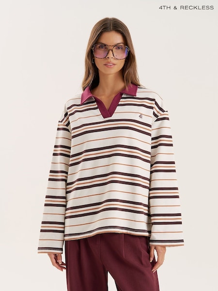 4th & Reckless Brown Striped Hailey Rugby Polo T-Shirt (G56132) | €48