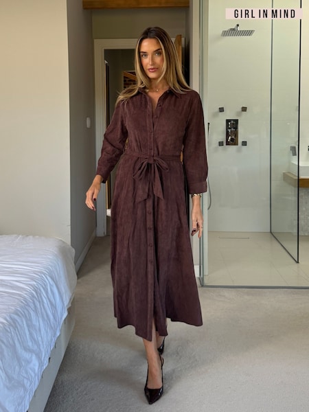Girl In Mind Brown Angela Long Sleeve Suedette Maxi Shirt Dress (G56134) | €69