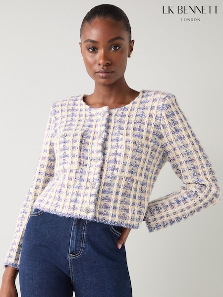 LK Bennett Black Millie Tweed Cotton Fluffy Shoulder Pad Cardigan (G56194) | €293