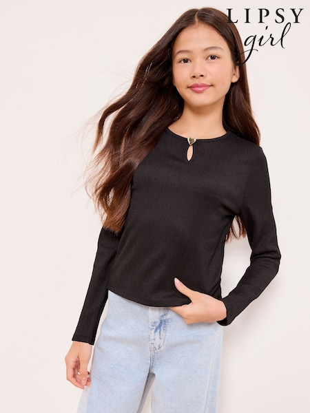 Lipsy Black Textured Jersey Heart Charm Top (5-16yrs) (G56442) | AED79 - AED119