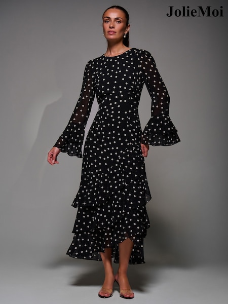 Jolie Moi Black Ruffled Long Sleeve Tiered Chiffon Midaxi Dress (G56918) | €110
