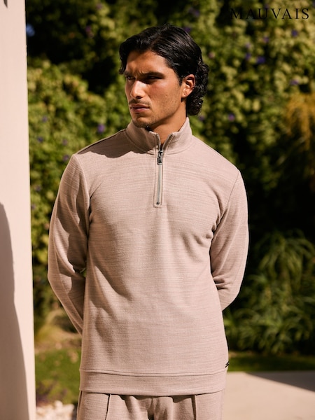 MAUVAIS Natural Leandre Regular Premium Textured Quarter Zip Jumper (G56996) | AED320