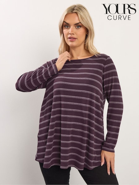 Yours Curve Purple Long Sleeve Striped Ribbed Swing T-Shirt (G57392) | 135 QAR