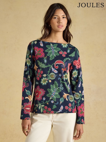 Navy Floral - Harbour Printed Boat Neck 100% Cotton Jersey Top