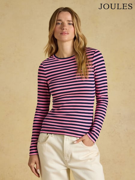 Marineblau und Rosa gestreift - Joules Sophie Ribbed Fitted T-shirt