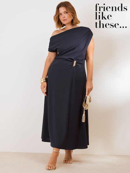 Navy Blue - Friends Like These Draped One Shoulder Midi Dress