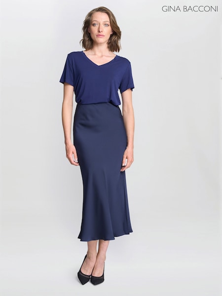 Gina Bacconi Blue Bobbi Satin Bias Cut Skirt (G57679) | 272 QAR