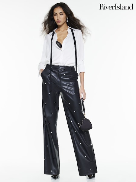 River Island Black Pearl Detail Faux Leather Trousers (G57931) | €82