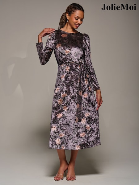 Jolie Moi Purple Long Sleeve Velvet Tie Detail Midi Dress (G57956) | €103