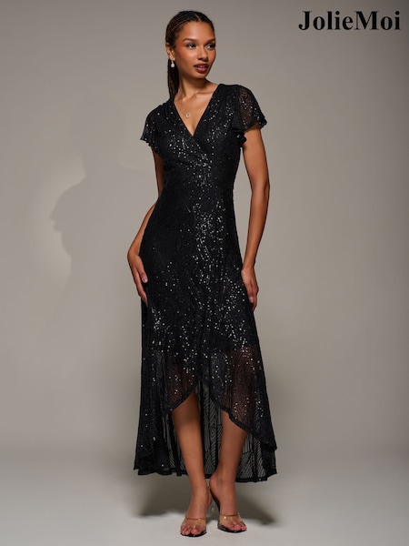 Jolie Moi Black Frill Short Sleeve Sequin Maxi Dress (G57960) | €121