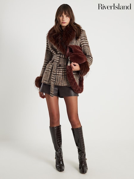 River Island Brown Faux Fur Collar Check Short Coat (G57973) | €113