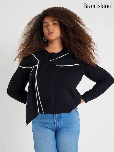 River Island Black Long Sleeve Scarf Tie Knit Blouse (G58076) | AED227