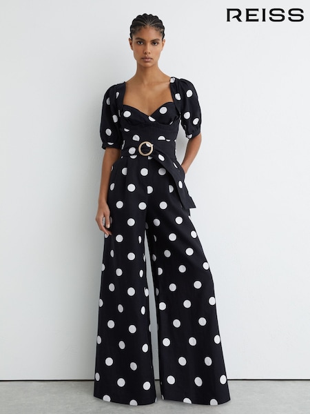 Reiss Navy/Ivory Brook Linen Polka-Dot Wide-Leg Jumpsuit (G58249) | AED2,016