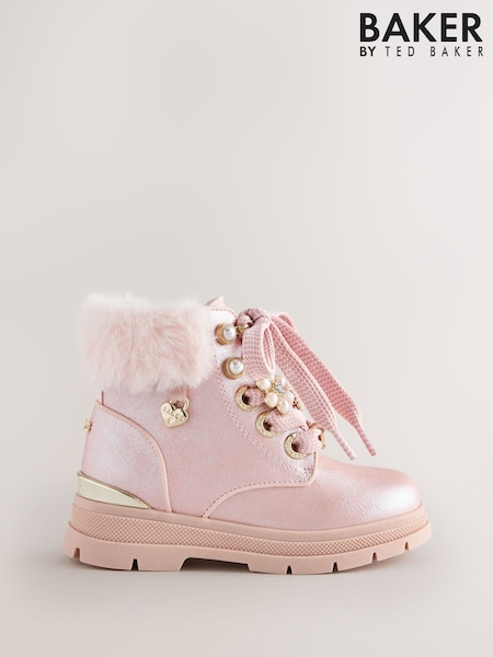 Pink - Baker By Ted Baker Faux Fur Cuff Metallic Pink Charm Boots