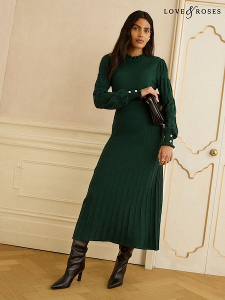 أخضر غابات - Love & Roses Knitted Midi Dress (G58351) | ‏307 د.إ.‏