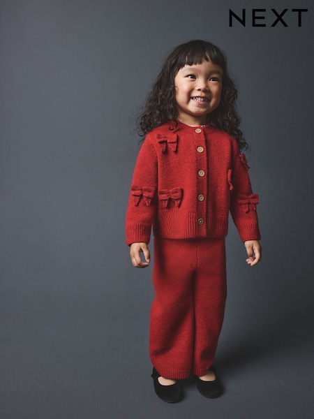 Red - Bow Embroidered Cardigan And Trousers Set (3mths-7yrs)