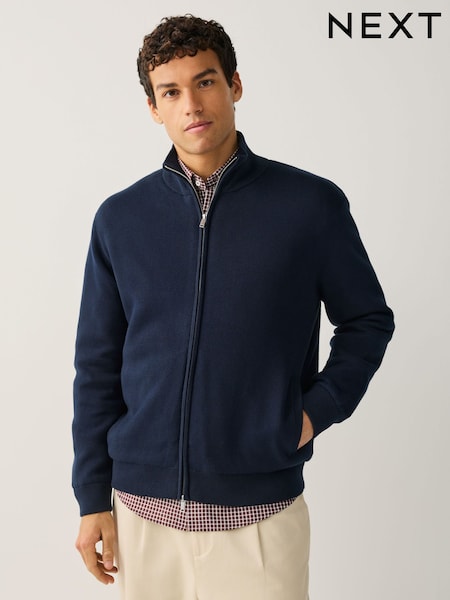 Navy Blue Relaxed Fit Premium Borg Fleece Lined Zip Through Cardigan (G58775) | AED297
