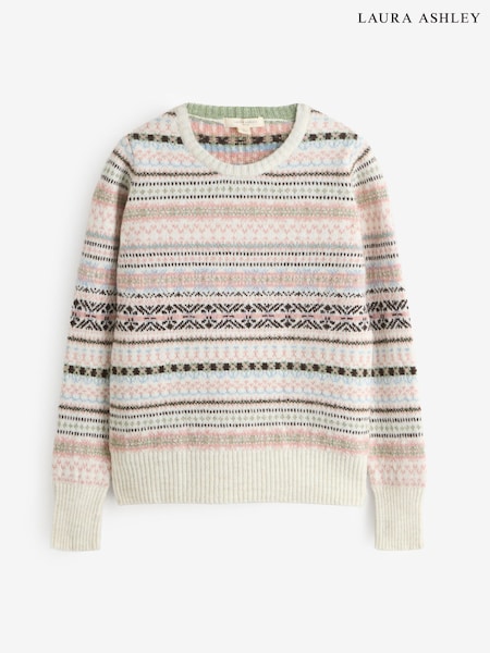 Laura Ashley Cream/Blue Fairisle Knitted Crew Jumper With a Touch of Wool (G59639) | €52