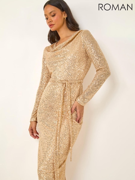 Roman Metallic Sequin Cowl Neck Stretch Dress (G59756) | AED495
