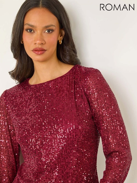 Roman Red Sequin Long Sleeve Stretch Blouse (G59760) | AED364