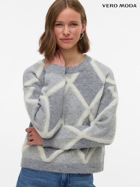 VERO MODA Grey Argyle Long Sleeve Knitted Jumper (G59947) | €58