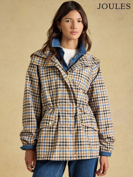 Brown Check - Joules Everdry Waterproof Packable Raincoat With Hood