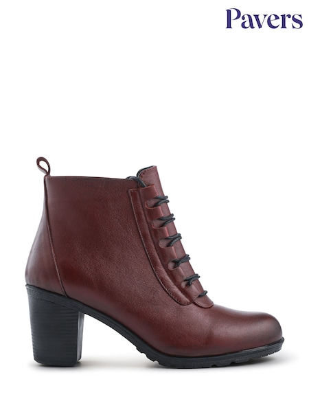Pavers Red Leather Block Heeled Lace-Up Boots (G60258) | €85