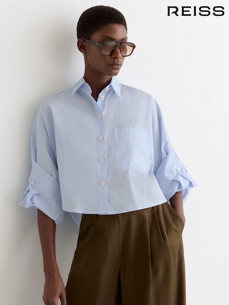 Reiss Blue Solenge Cotton Cropped Long-Sleeve Shirts (G60263) | AED706