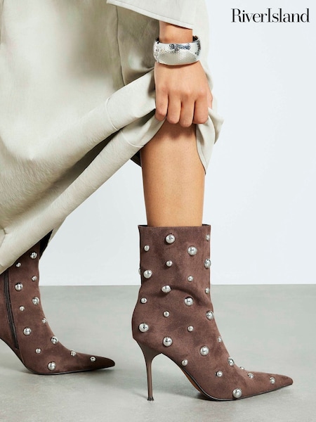 River Island Brown Suedette Studded Heeled Ankle Boot (G60789) | AED384