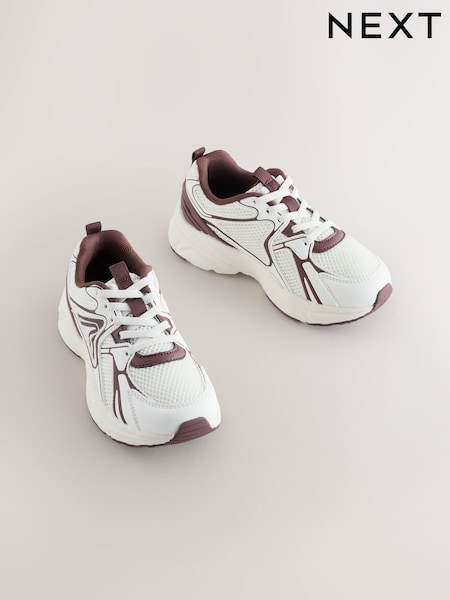White/Chocolate Brown - Elastic Lace Mesh Trainers