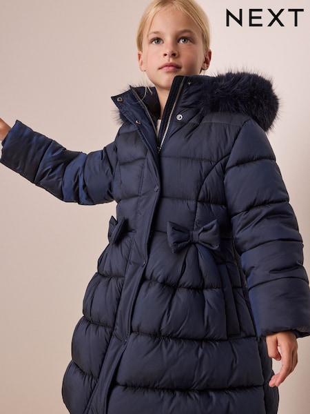 Navy Blue - Bow Detail Shower Resistant Padded Coat (3-16yrs)