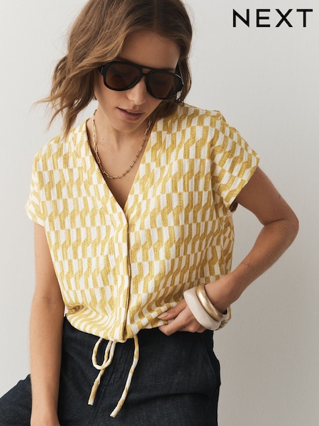 Ochre Geo Print - Textured V-neck Tie Front Short Sleeve Top