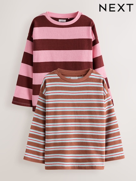 Pink/Brown Stripe - Long Sleeve Textured Tops 2 Pack (3-16yrs)