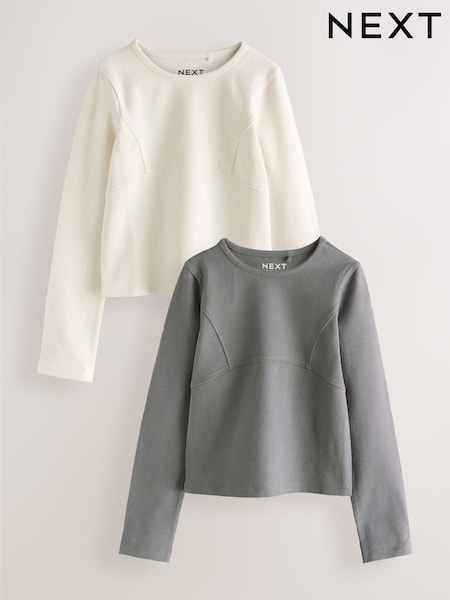 Grey/Cream - Long Sleeve Seam Detail Tops 2 Pack (3-16yrs)