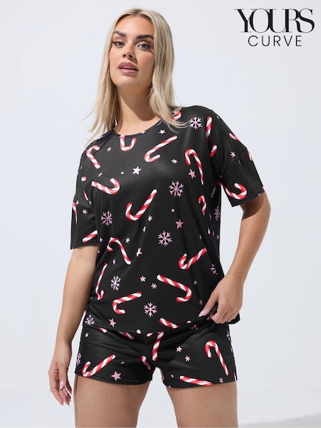 Yours Curve Black Limited Candy Cane Christmas Pyjamas (G61206) | €39