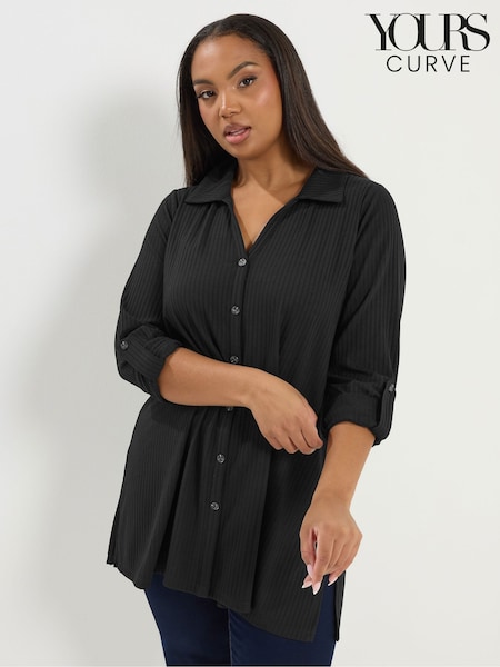Yours Curve Black Ribbed Turn Back Shirt (G61224) | R$ 265