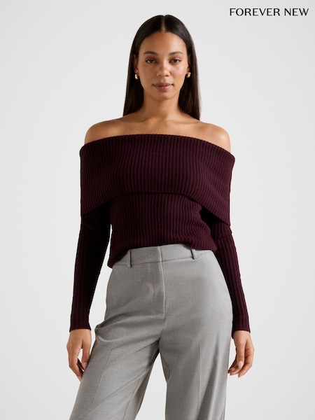 Forever New Purple Ashley Ribbed Knitted Bardot Neck Top (G61345) | €78