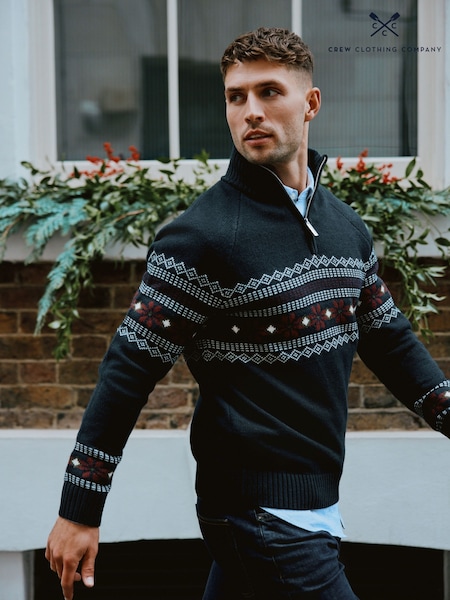 Crew Clothing Company Blue Fairisle Wool Mix Half Zip Jumper (G61430) | €108