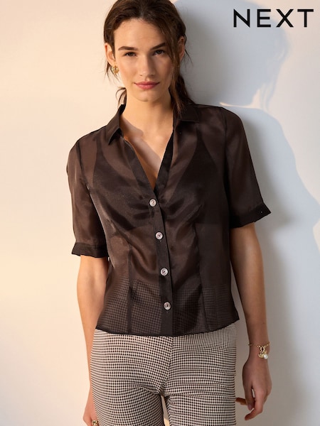 Sjokoladebrun - Sheer V-neck Short Sleeve Shirt