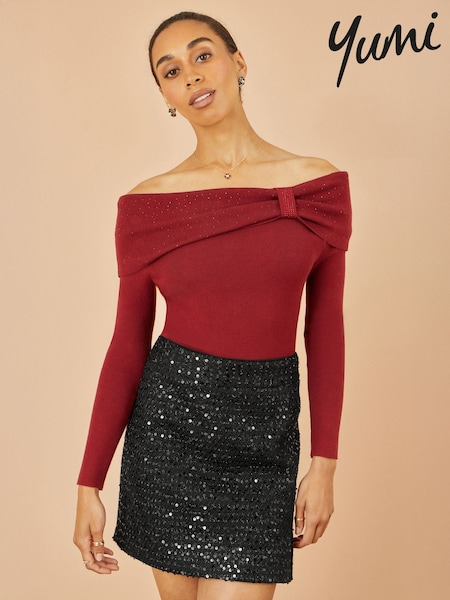 Yumi Red Sparkle Bardot Jumper With Diamante Detail (G61642) | €69