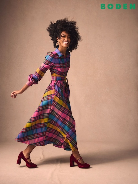 Boden Blue Vivienne Check Midi Dress (G61798) | R$ 1.765