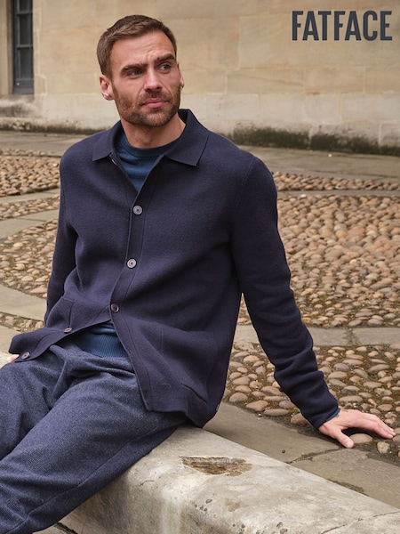 Navy - Regular Fatface Knitted Collared Button Front Cardigan