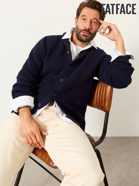 Navy - Regular Fatface Shawl Neck Knitted Cardigan