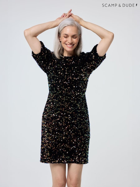 SCAMP & DUDE Black Puff Sleeve Short Dress Rainbow Sequin (G62016) | €184