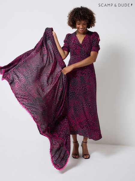 SCAMP & DUDE Grey Short Blouson Sleeve Midi Tea Leopard Ray Dress (G62027) | €163