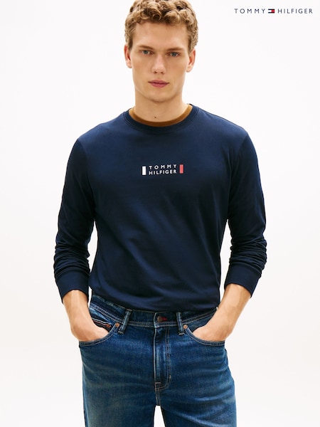 כחול  - Tommy Hilfiger Logo Jersey Long Sleeve T-Shirt (G62424) | ‏226‏₪
