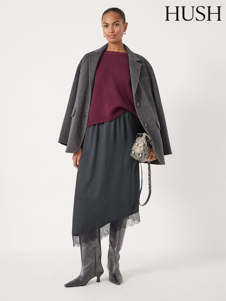 Hush Black Satin Asymmetric Lace Trim Skirt (G62450) | €114